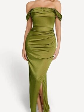 One-Shoulder Olive Green Evening Gown